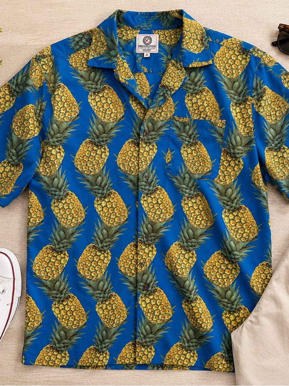 Tropical Pineapple Print Short Sleeve Shirt - Blue